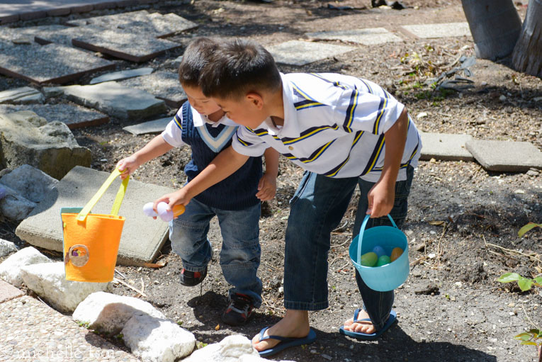 Big brother was worried that little brother wasn't getting enough eggs in his basket, so he ran over to take care of the situation. Love that kid.