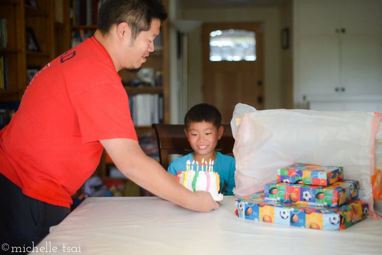 First came the ice cream cake with just our family on his actual birthday. That trash bag on the table? Makeshift gift bag for a super sized Nerf gun. He didn't mind. And that's just one reason among many why I love that boy.