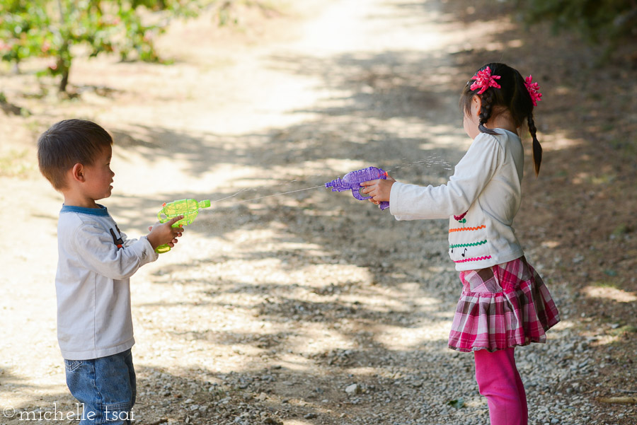 What happens when the two littles get in to a water fight. Close range increases accuracy.