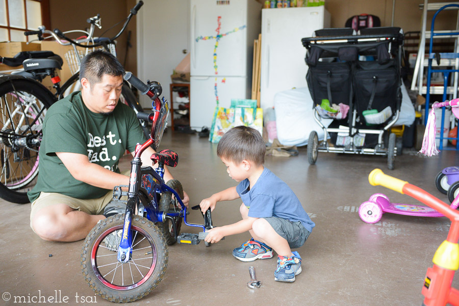 Dad and son getting the bikes ready for riding. Please note the cleaned-out-garage-enough-to-sit-in-and-tinker-with-bikes. That was another item on my unofficial summer bucket list that existed only in my head. Check that bad boy off.