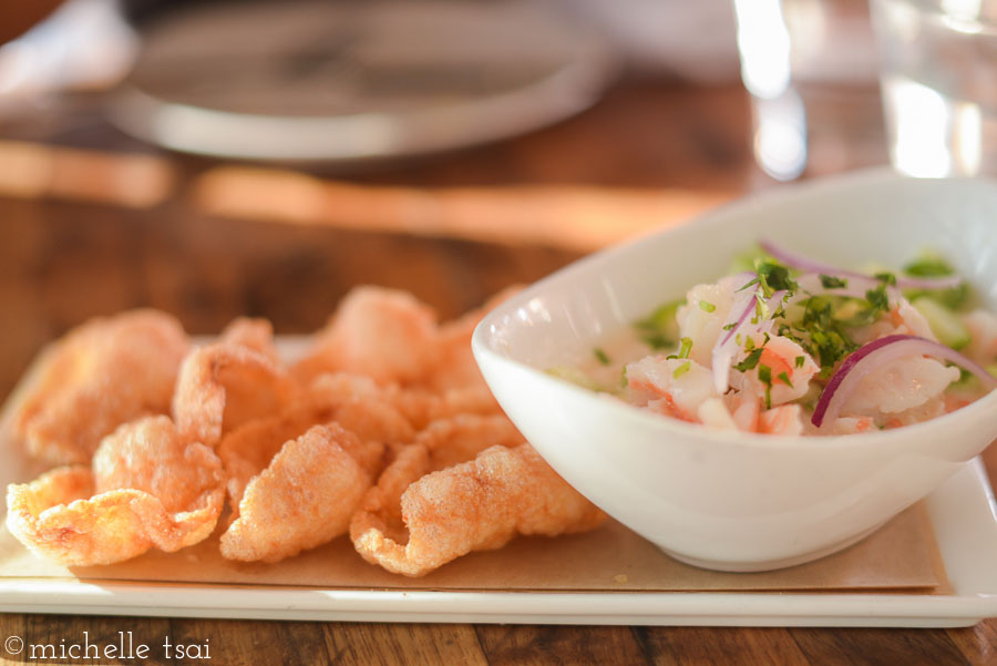 Then came shrimp ceviche and pork cracklins. Hello.