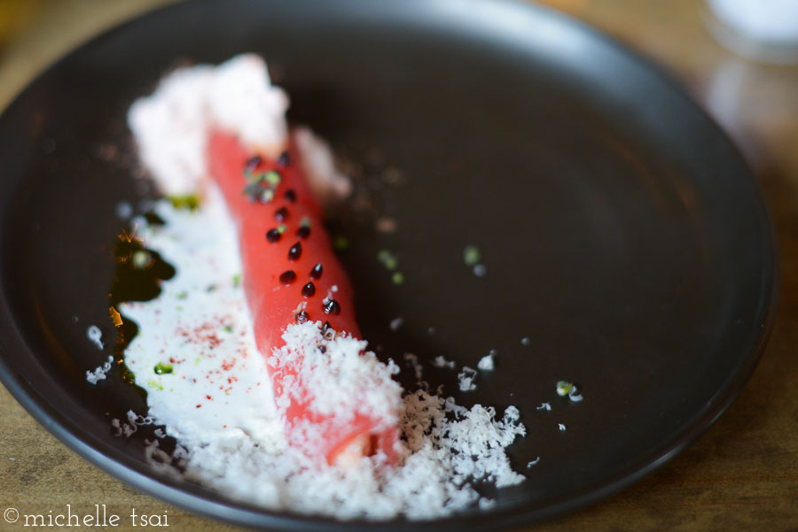 Beef tartare, hearts of palm, sea bean chimichurri, horseradish, rye. This one didn't do it for either of us. I didn't enjoy the very icy bites in this one.