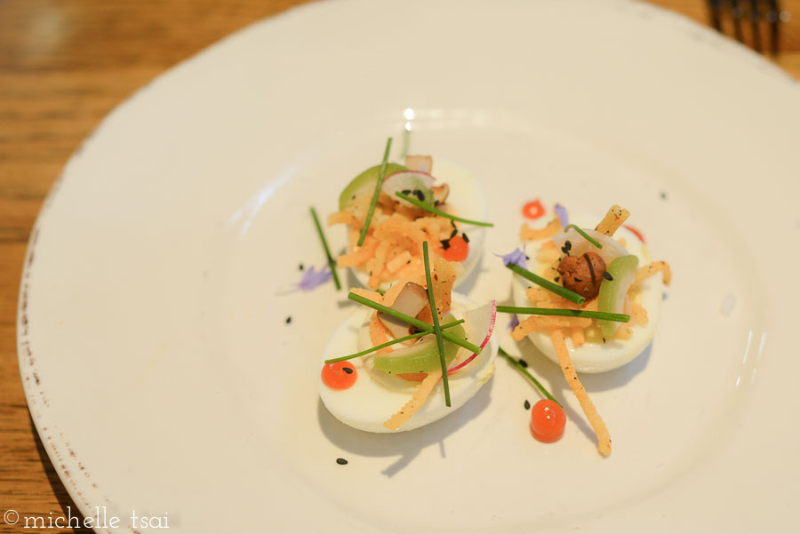 Deviled eggs with a gochujang sauce and some other stuff. Heh heh, this one's not on the current menu so I forget now what all went into this dish. But I love me a deviled egg and these were great.