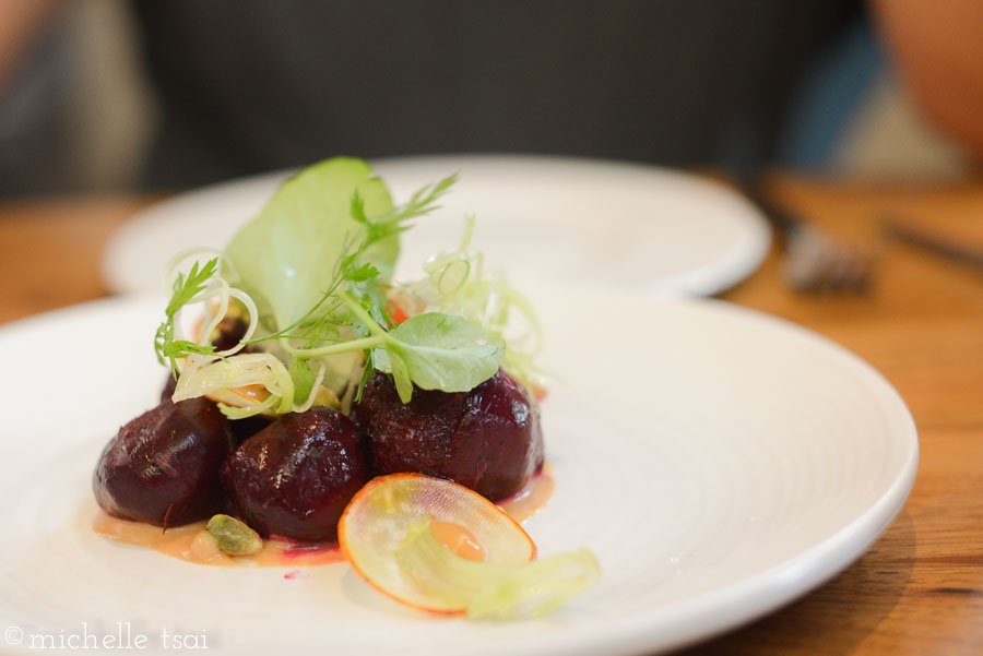 SLOW ROASTED BEETS- BARTLETT PEAR RICOTTA / MARCONA ALMOND / MISO HONEY VINAIGRETTE / LIVING KALE. These were really good and I normally can't stand beets!