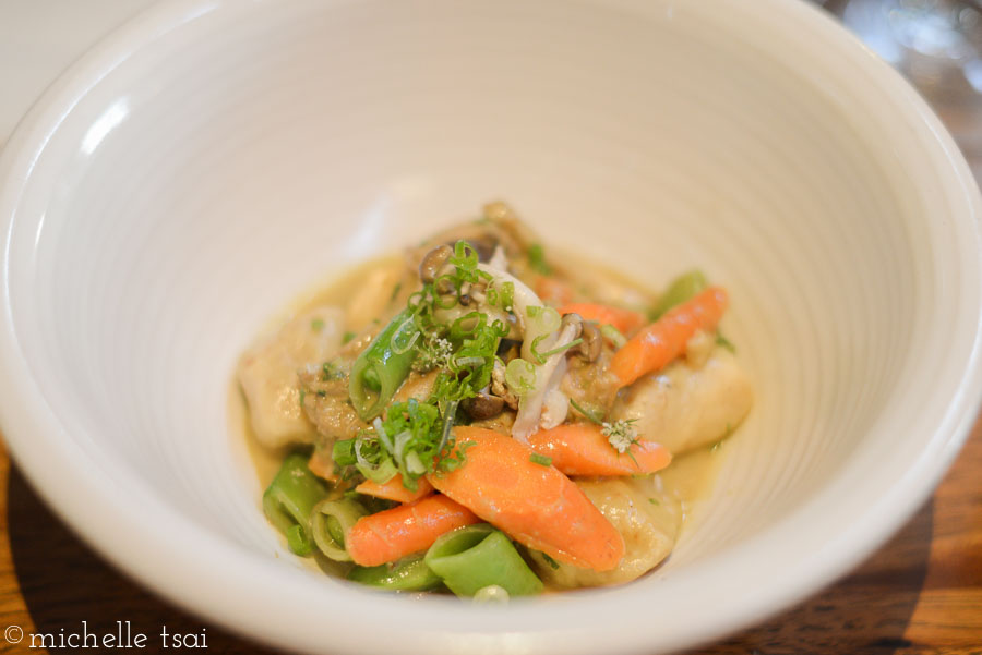 Pasta I think with bone marrow, carrots, and snap peas. Delicious, but very rich tasting.