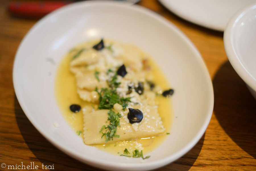 Ravioli filled with a corn-cheese sauce and dotted with huitlacoche (corn smut). This one we both really enjoyed. The huitlacoche was very subtle but had some funk to it. 