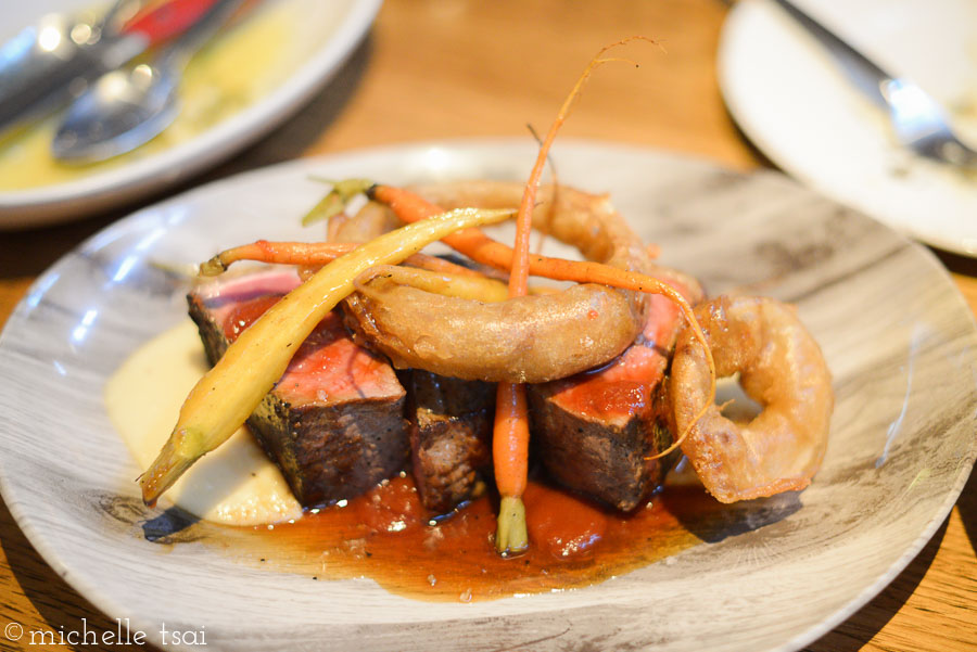 Ribeye (I think?) with carrots and onion rings. We were much too full by now to eat this one. So we tasted a bite, ate the onion rings (because who likes soggy next-day onion rings?), and took home the rest to enjoy for lunch the next day.