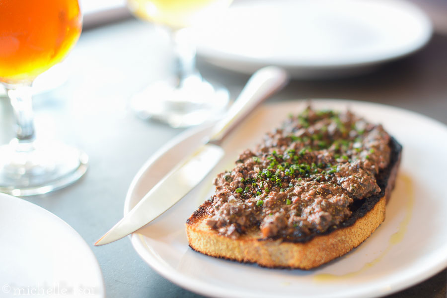 The meal began with this. Chicken Liver Crostino. chives. marjoram. aged balsamic. sea salt. And it was one of the highlights of the evening. Delicious. And I'm not even a big fan of chicken liver!