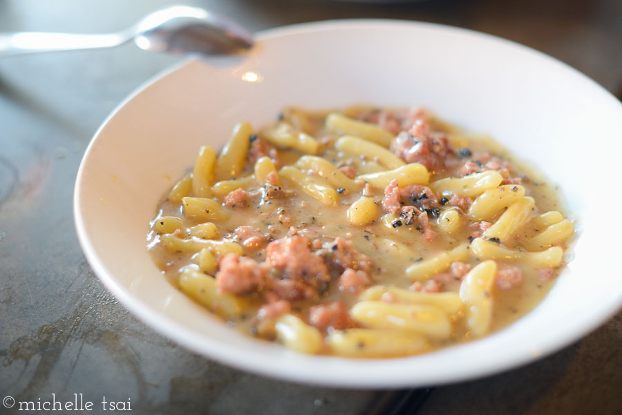 Cavatelli alla Norcina. ricotta dumplings. housemade pork sausage. black truffles. grana padano