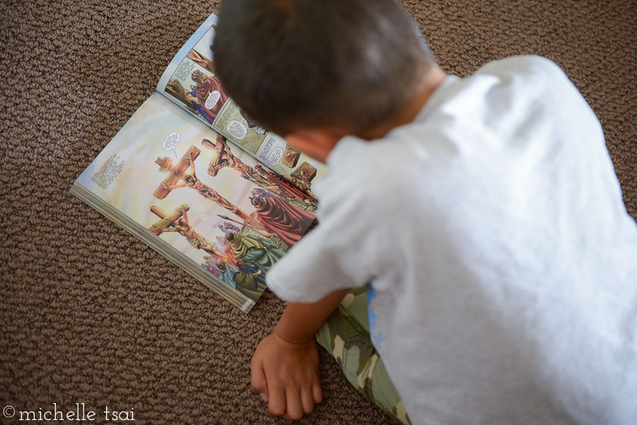 This boy can often be found with his nose in a book. Granted, it's usually a comic book. But I googled it just now and it turns out comics are good for a reader's brain. So now my mommy worry reflex can relax and just let him be. (Gotta mention that to Phil, too. Heh, if you ever wondered who the tiger parent is in our house...)