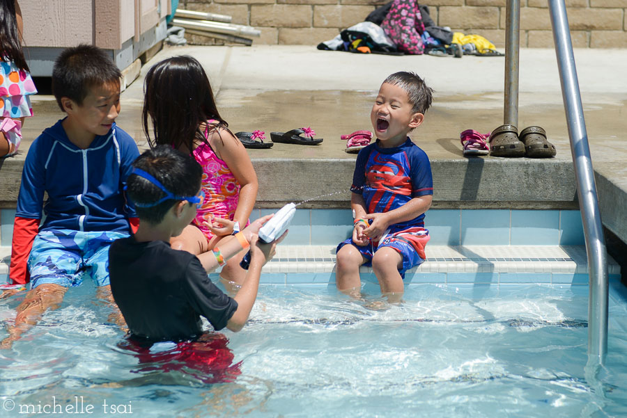 In the midst of making sure everyone had everything they'd need for the four-day retreat, I somehow managed to forget to bring my own swimsuit. So I had the younger two sit on the stairs and stay there. Thankfully, they stayed plenty entertained where they were.