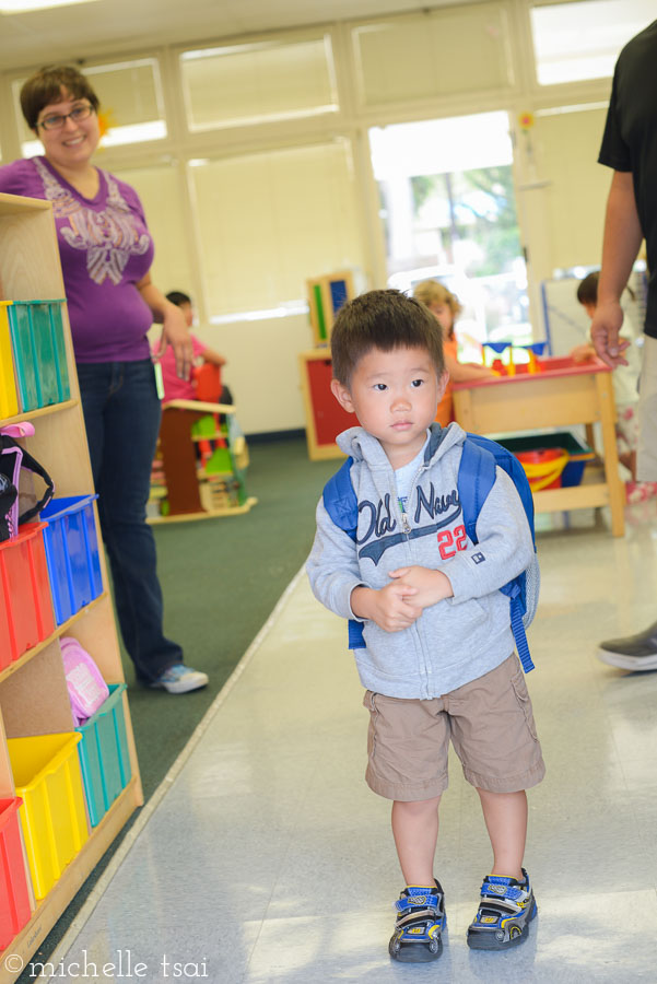 All excitement and joy went out the window when the reality of his actually having to stay there without us hit him. But no tears for this tough little cookie. He did however, collect his backpack and lunchbox from his cubby five minutes after he put them in there thinking he was leaving with us. There was a bit of explaining to make him understand that no, preschool lasted just a bit longer than that.