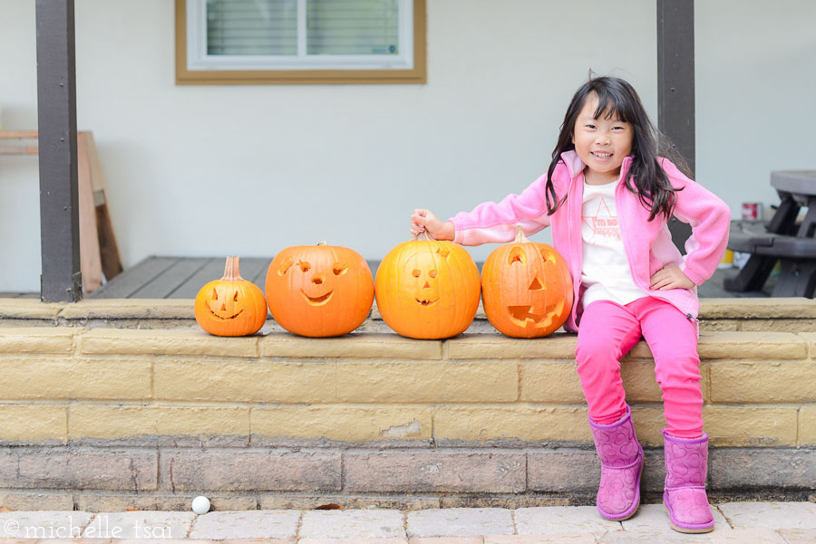 Four pumpkins carved and all ready to be lit up inside. (The fifth pumpkin was Jonah's green pumpkin which we had to toss after he carried (and dropped) it around with him everywhere for three days until it got too mushy to keep any longer.)