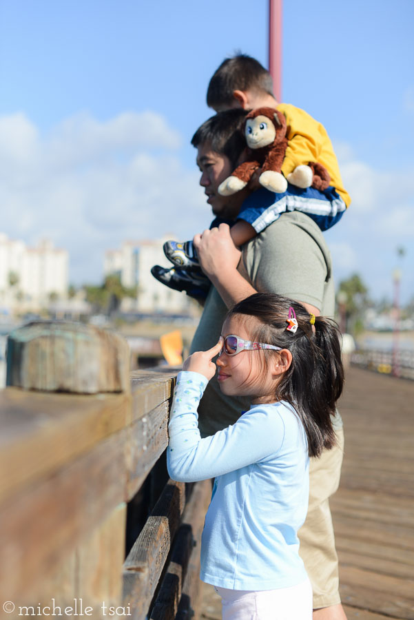 Then we mostly pulled ourselves together and headed out to see the sights. That's Allie keeping a finger on her sunglasses because she was afraid they'd slip off, fall through one of the cracks of the pier, drop into the ocean never to be seen again. Irrational? Not if you take into account how she managed to lose one of her flip flops in just the same way the last time we made them walk on a pier.