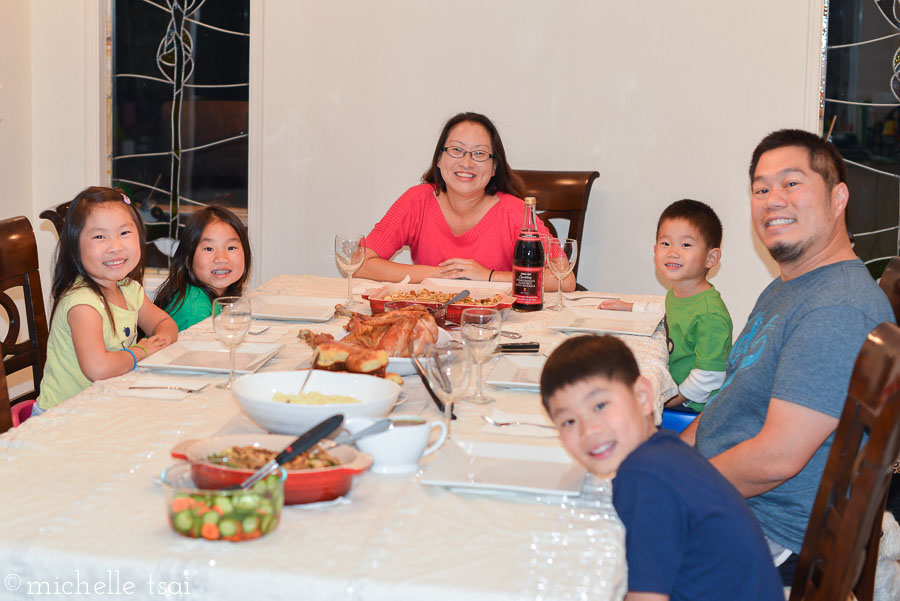 Thanksgiving dinner was just the six of us at home this year. Quiet, but nice and relaxed. Here's our annual just whatever because Mommy's been cooking all day and she stinkin doesn't care anymore throw it on auto and snap a picture cuz it's time to eat! picture.