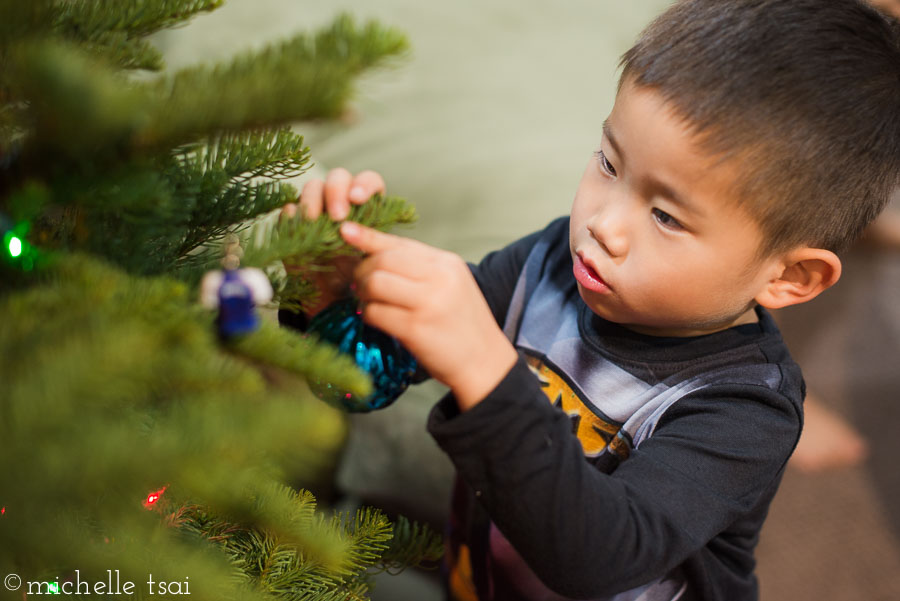 Look! This year, he carefully hangs the ornaments on the tree like a big kid. No more chucking the ornaments into the tree for him!