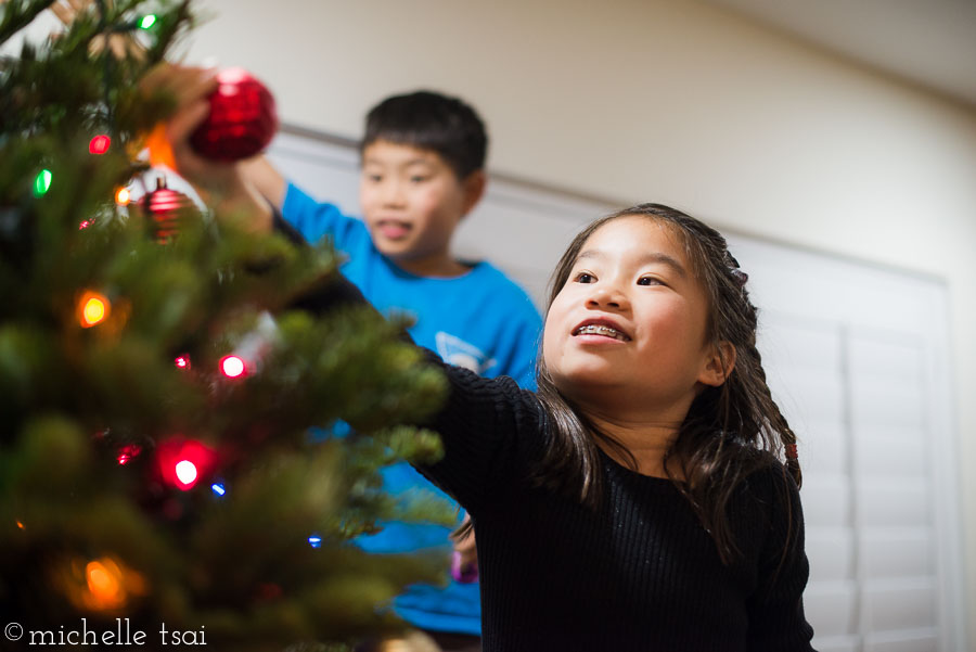 We have bigger kids this year which means not all the ornaments get placed on the bottom third of the tree anymore. They did a nice job making sure the whole tree got decorated. Standing on the edge of the couch also helped with this.