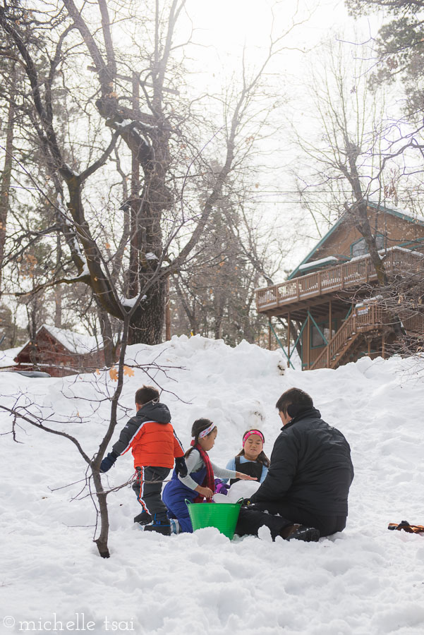 Discussing the plans for snowman construction.