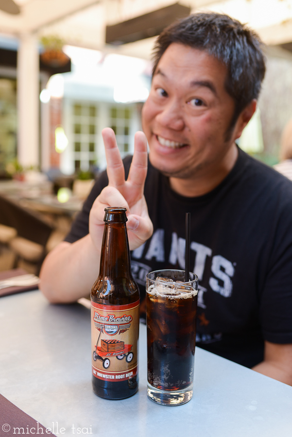 Throwing up the bunny ears  on the Pismo Beach root beer as a shout out to our kids who often like to do this.