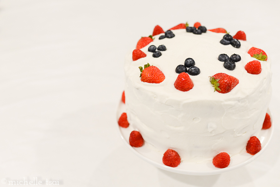 I made a triple berry cake for the occasion. Whipped cream frosting and being in a hurry don't go together too well.