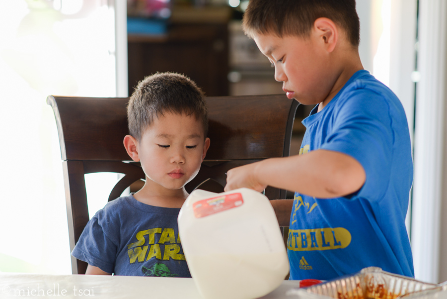 Turns out big brother was making a bowl of cereal for him.