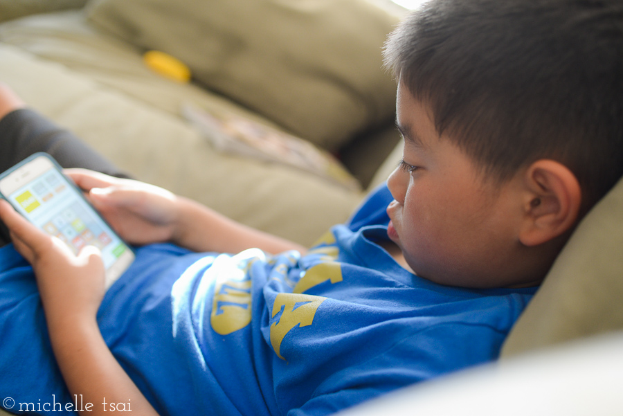 After having eaten his bowls of cereal and other things he found in the fridge, he asked if he could play that "doubling game" on my phone.