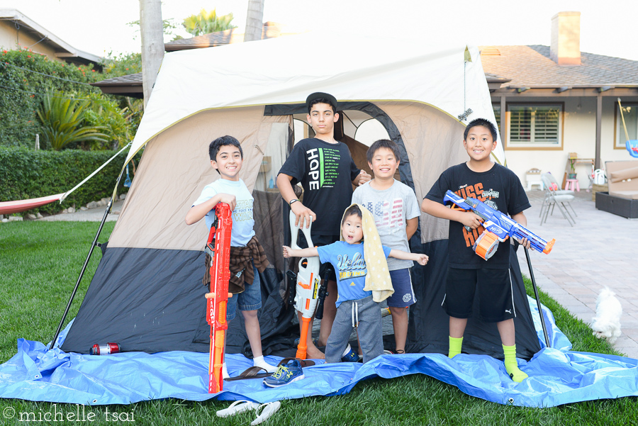 I seriously had my doubts that they'd make it through the whole night out there in the tent. So I told them there was a backup plan to sleep in the house if they decided to come in at night. Turns out I needn't have worried. Not only did all of them (minus Jonah who was HEARTBROKEN over being made to sleep in his own bed that night) tough it out in the tent, but two of them stayed up the ENTIRE night out there.