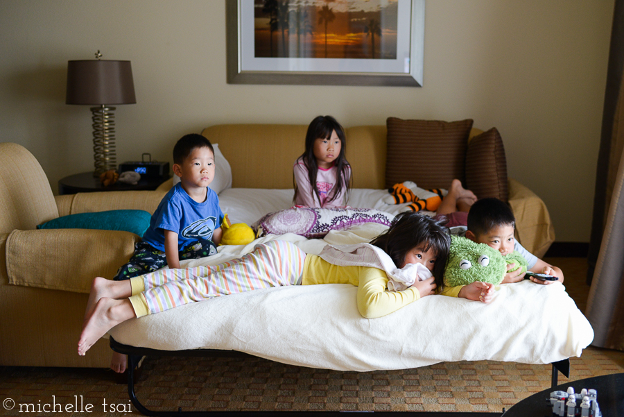 The next morning found them as they were each morning of our stay. Bleary eyed and barely awake, but still piled together on a bed to watch morning cartoons. Their favorite thing about staying in a hotel. Or anywhere away from home where the rules are a bit different.