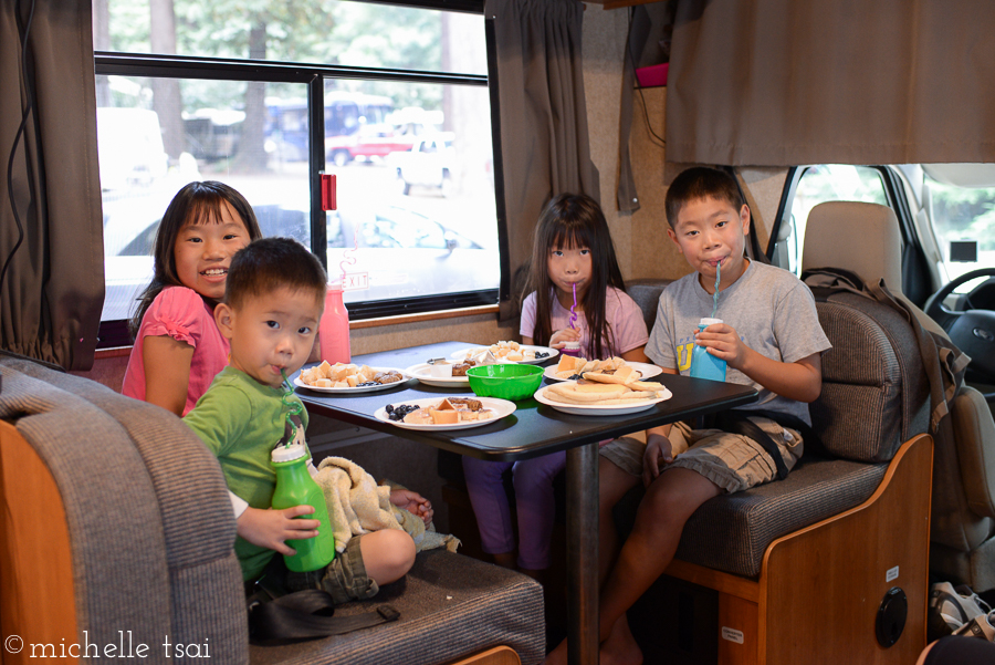 Breakfast the next morning aboard the RV. They loved this little table that turned into Lauren's bed at night.