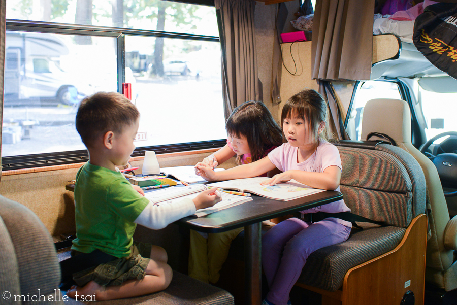 We made it back to our RV where the kids did some coloring while we set up for lunch.