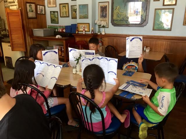 The Wongs rejoined us the next day at the Santa Cruz boardwalk. First order of business was lunch. Kids table for six, please.