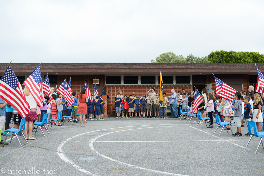 Flag ceremony with the Boy Scouts presenting the colors. Mikey's up there!