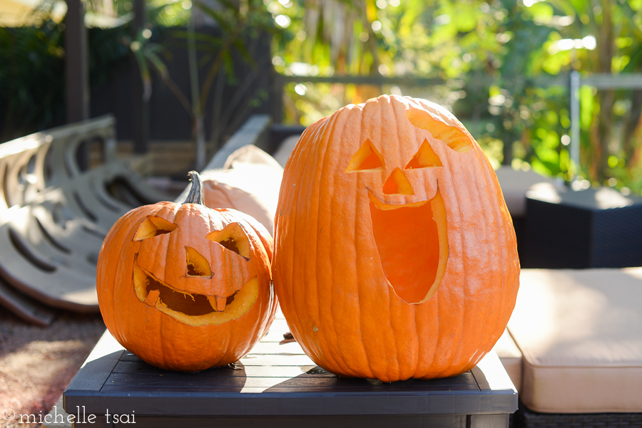 The finished jack o' lanterns. And wouldn't you know it, we never did get around to lighting them up at night. Sheesh.