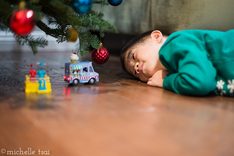 He hung his favorite ornaments on the bottom of the tree to admire them easier.